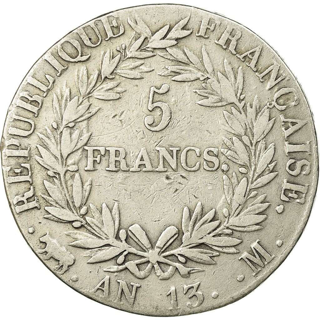 Moneda, Francia, Napoléon I, 5 Francs, AN 13, Toulouse, BC+, Plata, KM:662.10