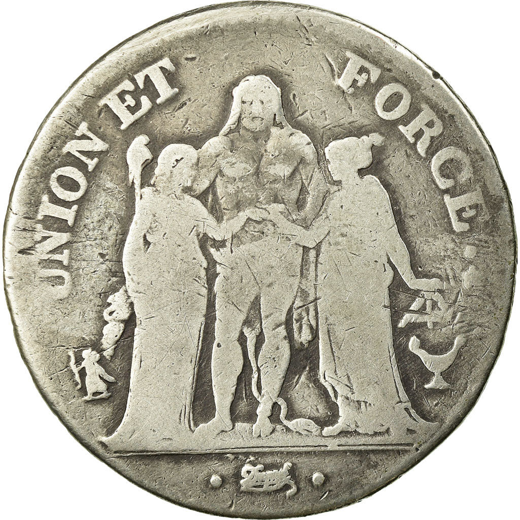 Moneda, Francia, Union et Force, 5 Francs, AN 6, Bordeaux, An 6/5, BC+, Plata