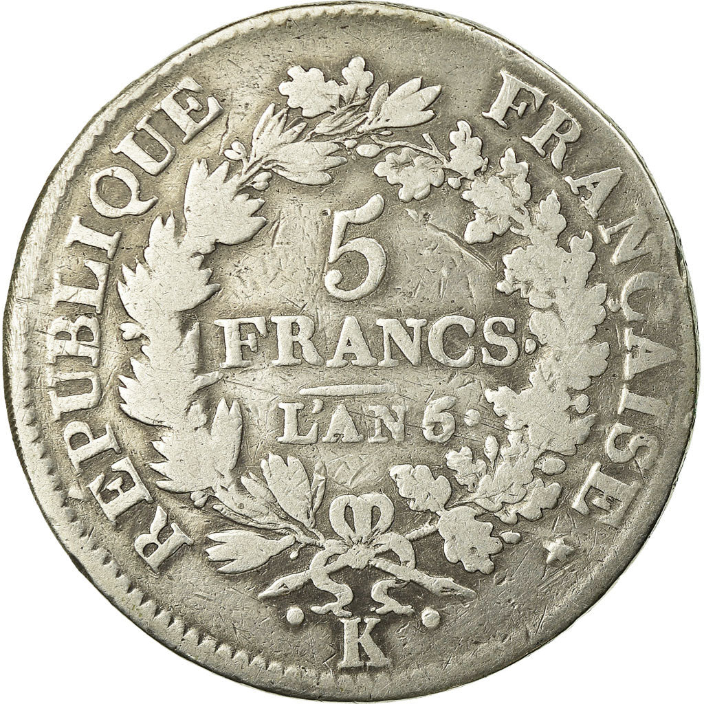 Moneda, Francia, Union et Force, 5 Francs, AN 6, Bordeaux, An 6/5, BC+, Plata