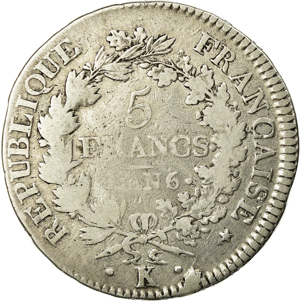 Moneta, Francia, Union et Force, 5 Francs, AN 6, Bordeaux, MB, Argento