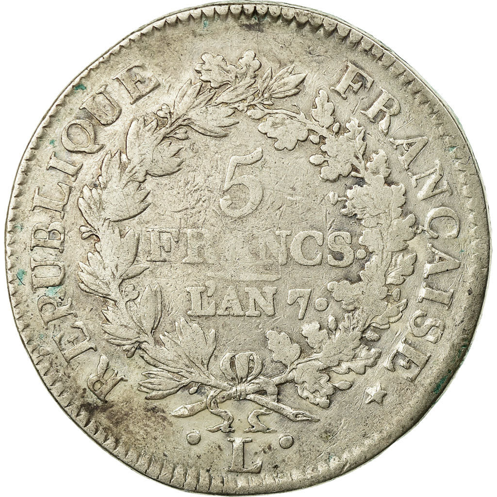 Moneta, Francia, Union et Force, 5 Francs, AN 7, Bayonne, MB+, Argento