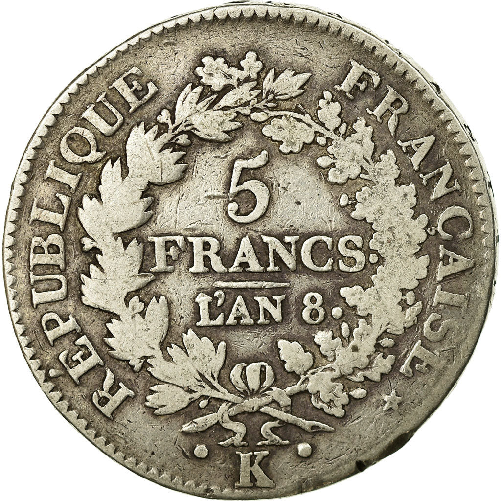 Coin, France, Union et Force, 5 Francs, AN 8, Bordeaux, VF(30-35), Silver