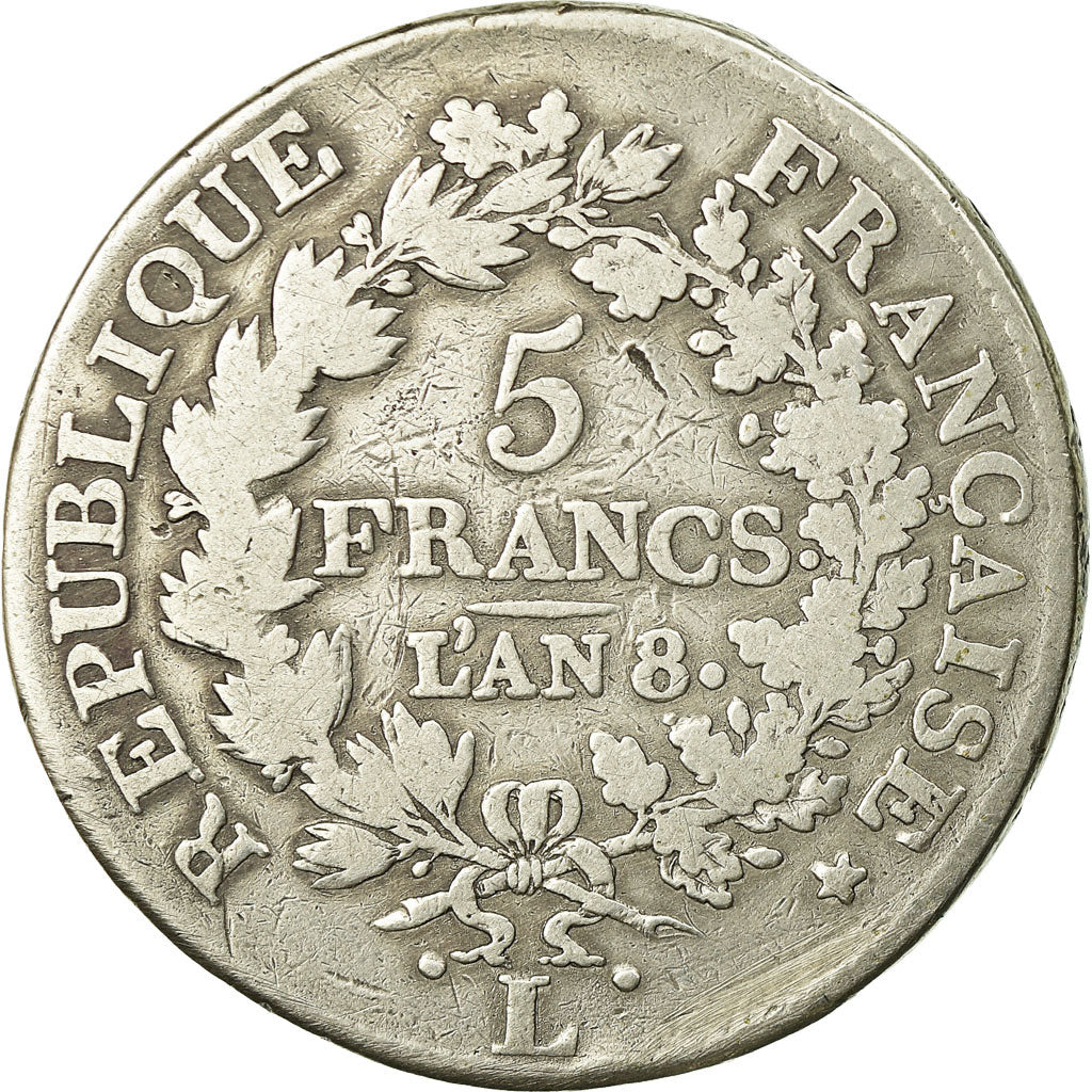 Monnaie, France, Union et Force, 5 Francs, AN 8, Bayonne, TB, Argent