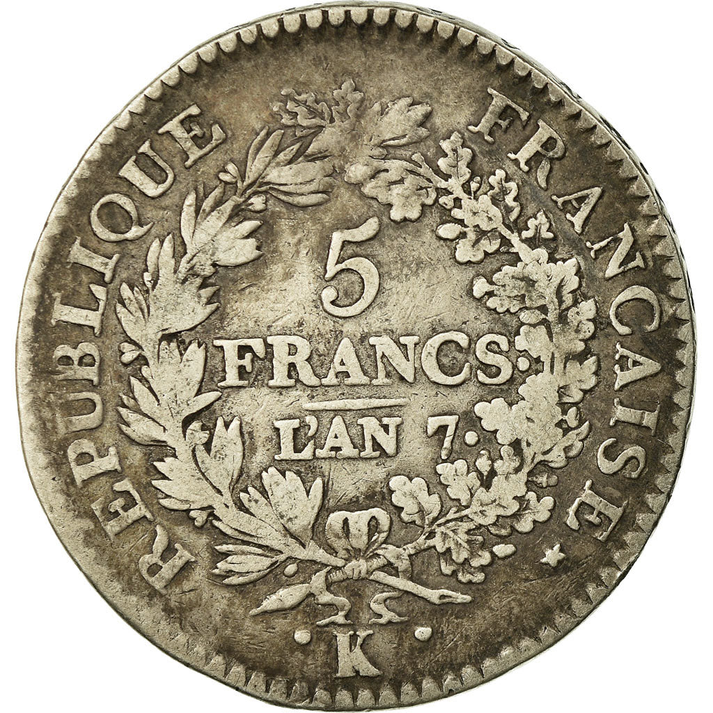 Coin, France, Union et Force, 5 Francs, AN 7, Bordeaux, VF(20-25), Silver