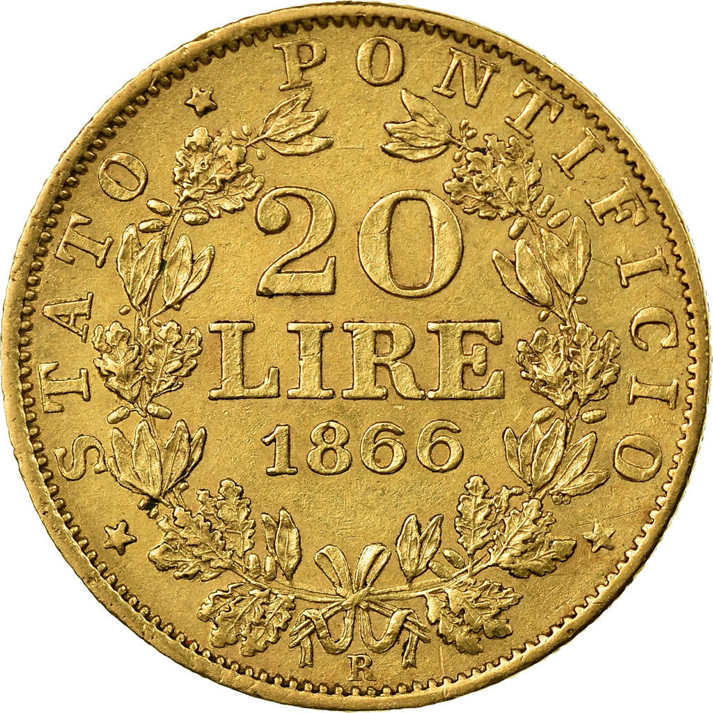 Moeda, ESTADOS ITALIANOS, PAPAL STATES, Pius IX, 20 Lire, 1866, Rome, EF(40-45)
