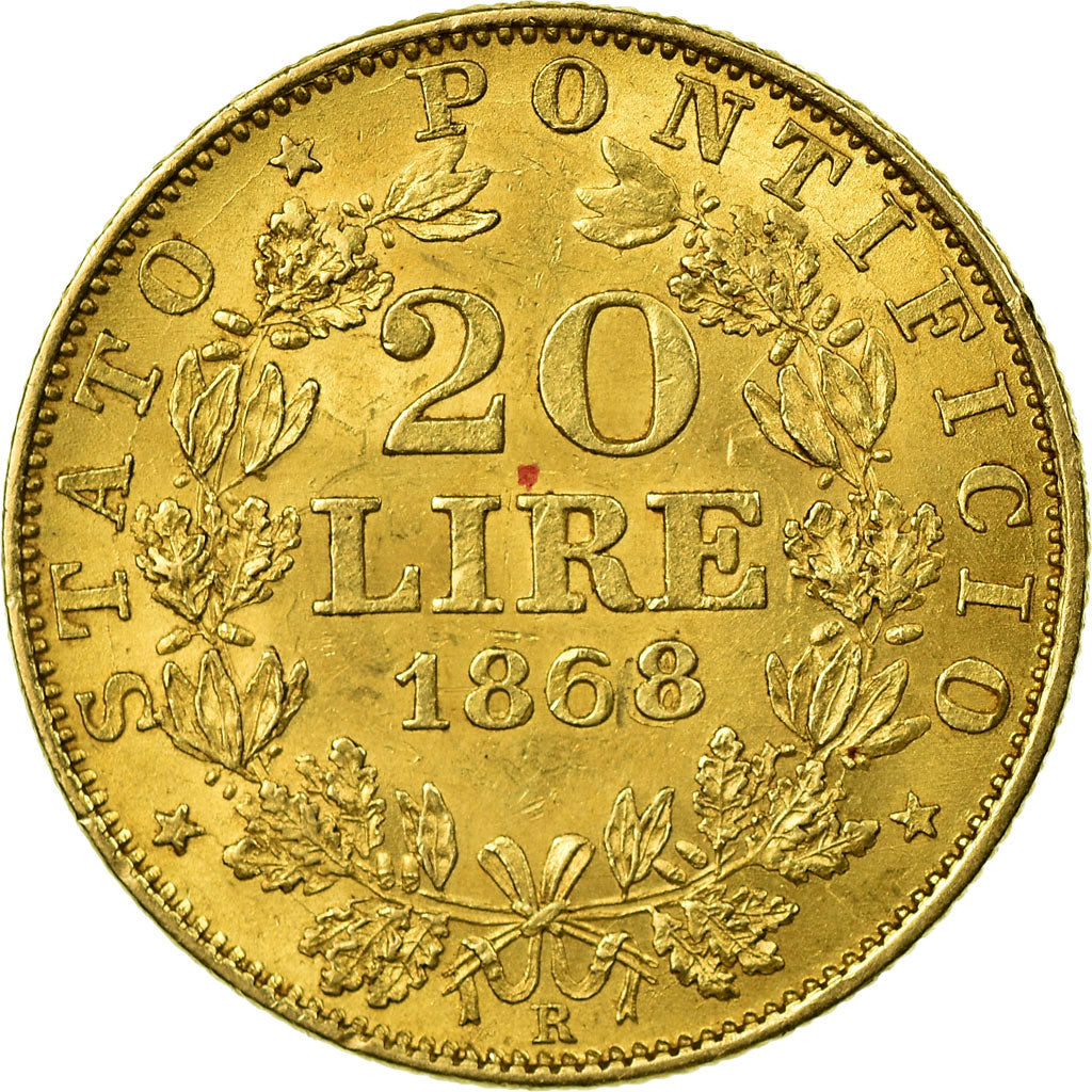 Moeda, ESTADOS ITALIANOS, PAPAL STATES, Pius IX, 20 Lire, 1868, Roma, AU(50-53)