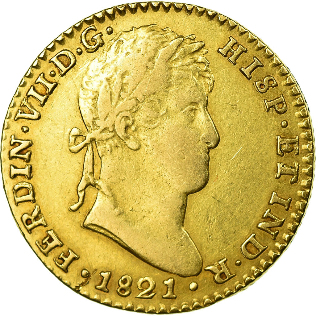 Coin, Spain, Ferdinand VII, 2 Escudos, 1821, Seville, VF(30-35), Gold, KM:483.2