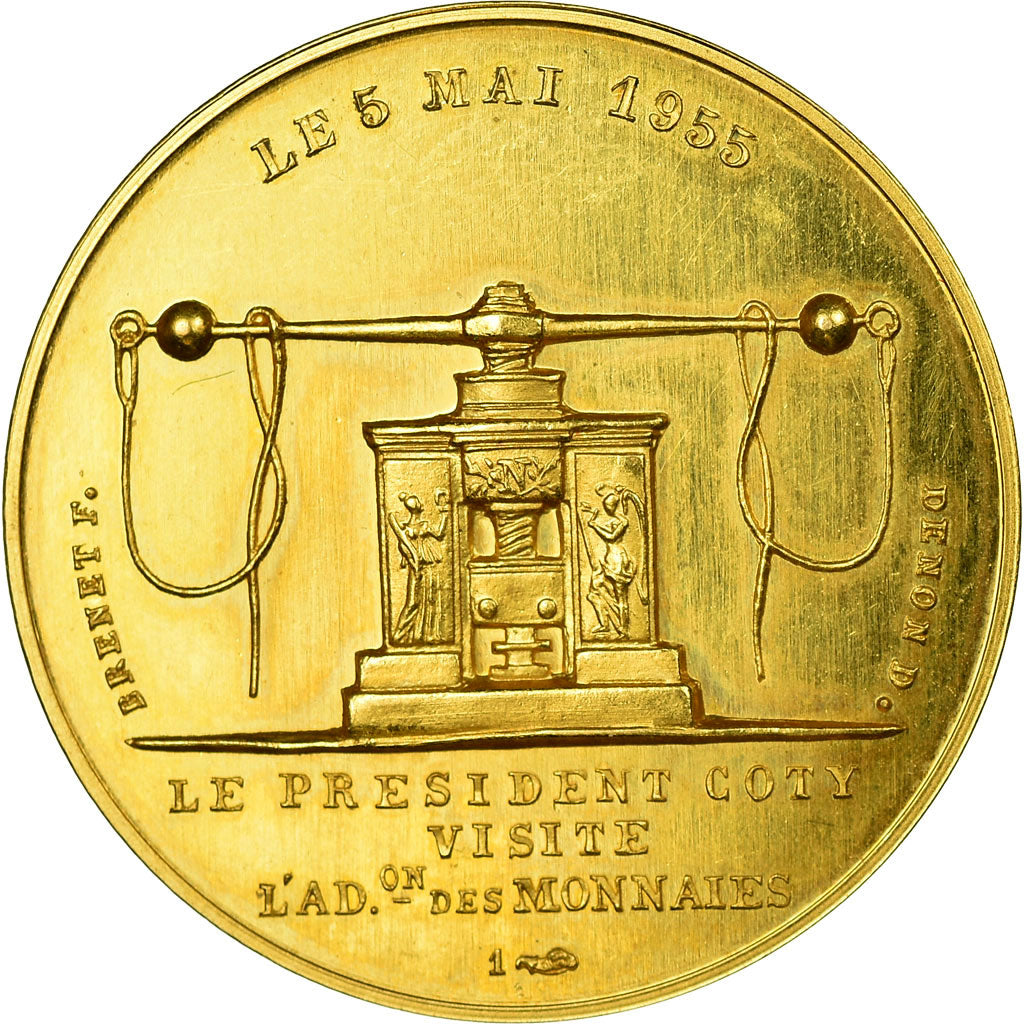 France, Medal, Président Coty visite la Monnaie, 1955, Dropsy, MS(63), Gold