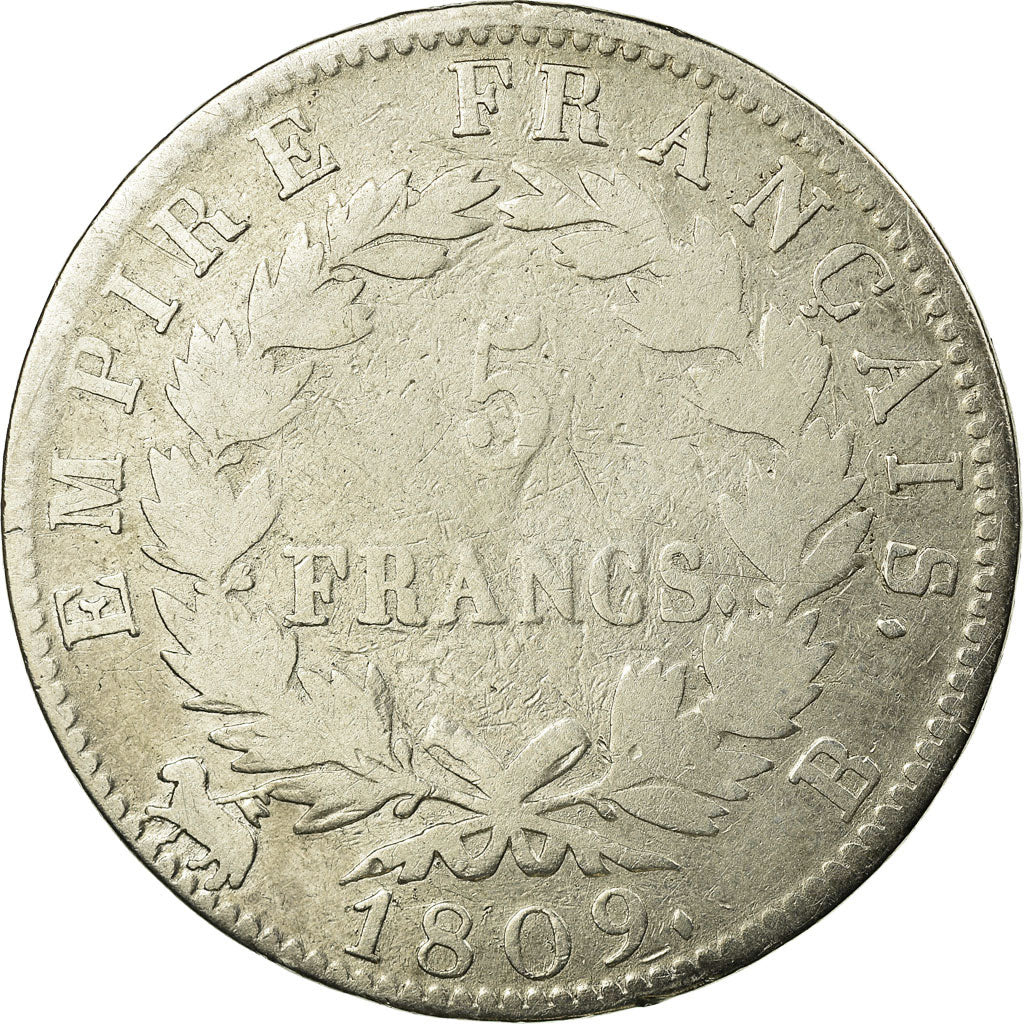 Coin, France, Napoléon I, 5 Francs, 1809, Rouen, VF(20-25), Silver, KM:694.2