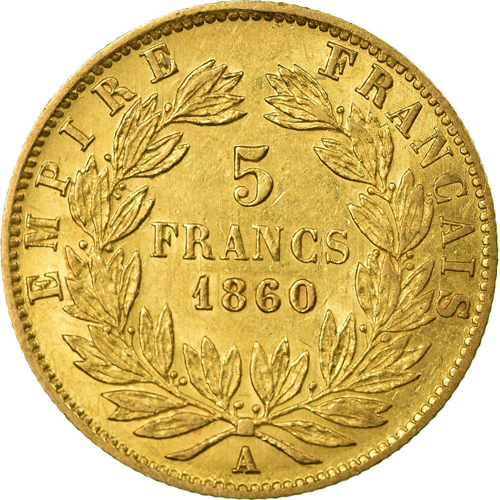 Moneda, Francia, Napoleon III, 5 Francs, 1860, Paris, BC+, Oro, KM 787.1