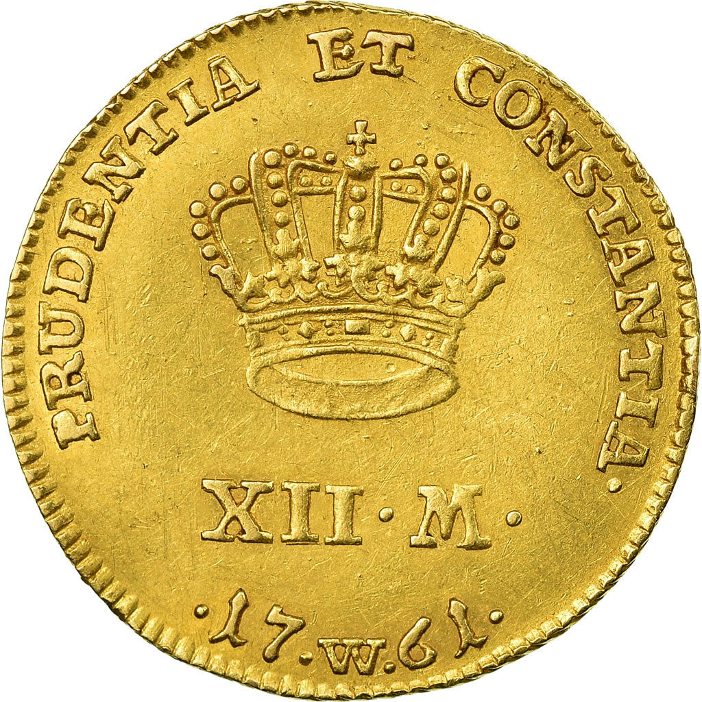 Coin, Denmark, Frederik V, 12 Mark, Ducat Courant, 1761, EF(40-45), Gold