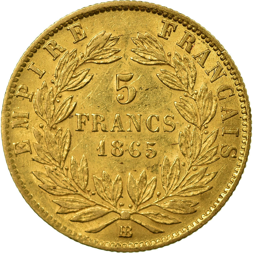Moneda, Francia, Napoleon III, Napoléon III, 5 Francs, 1865, Strasbourg, BC+