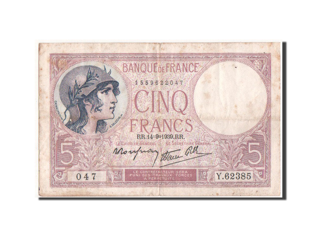 France, 5 Francs Violet, 14.9.1939, KM:83