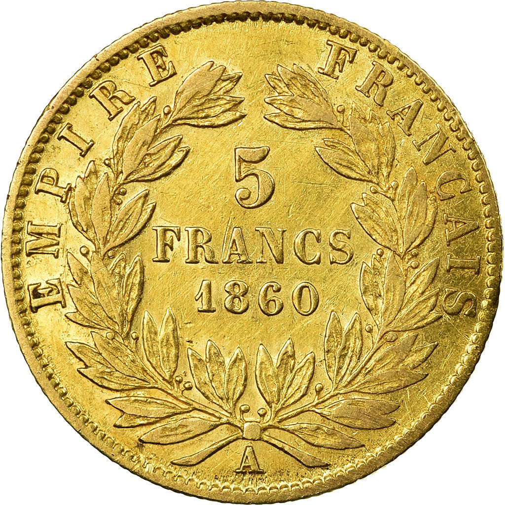 Moneta, Francja, Napoleon III, Napoléon III, 5 Francs, 1860, Paris, VF(20-25)