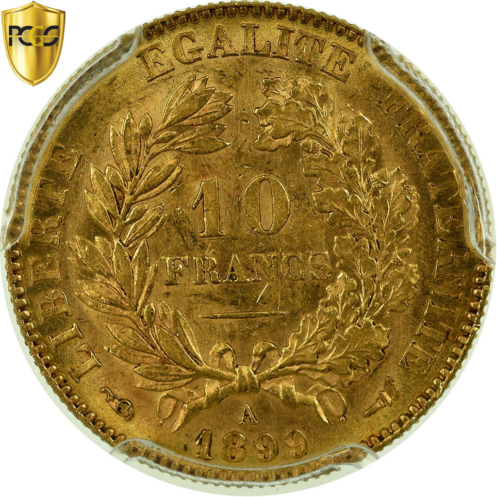 Moeda, França, Cérès, 10 Francs, 1899, Paris, PCGS, MS62, Dourado, KM:830