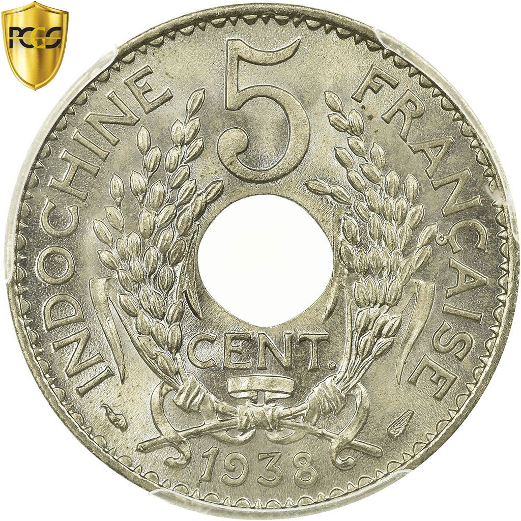 Monnaie, FRENCH INDO-CHINA, 5 Cents, 1938, Paris, PCGS, MS66, Nickel-brass
