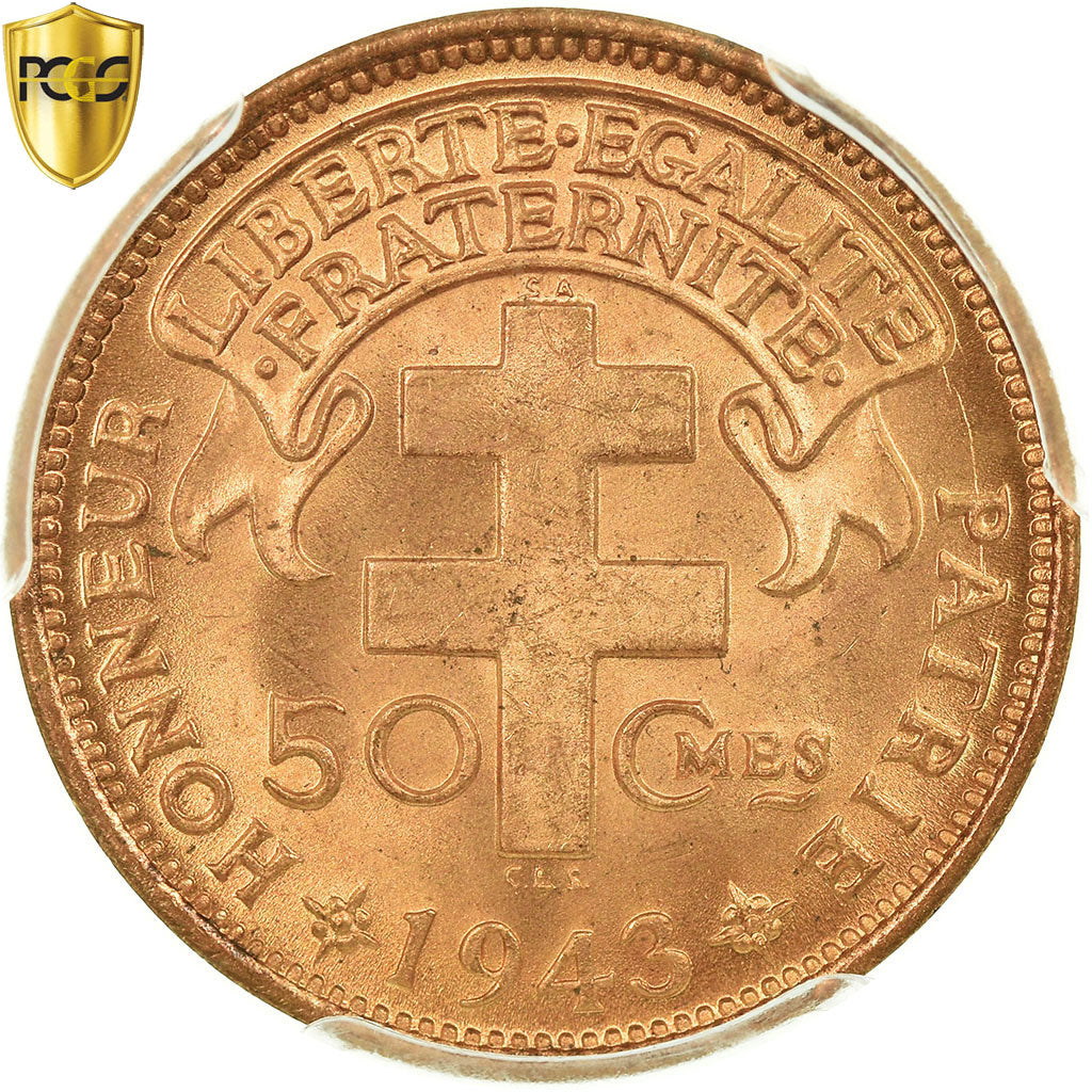 Moneta, Camerun, 50 Centimes, 1943, Pretoria, PCGS, MS65RD, Bronzo, KM:6