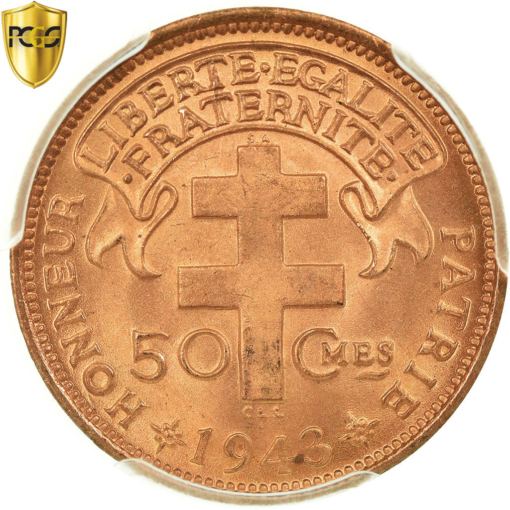 Coin, Cameroon, 50 Centimes, 1943, Pretoria, PCGS, MS66RD, Bronze, KM:6, graded