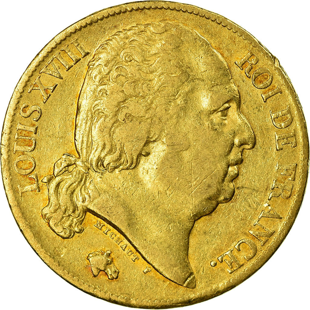 Moneta, Francia, Louis XVIII, Louis XVIII, 20 Francs, 1818, Paris, MB+, Oro