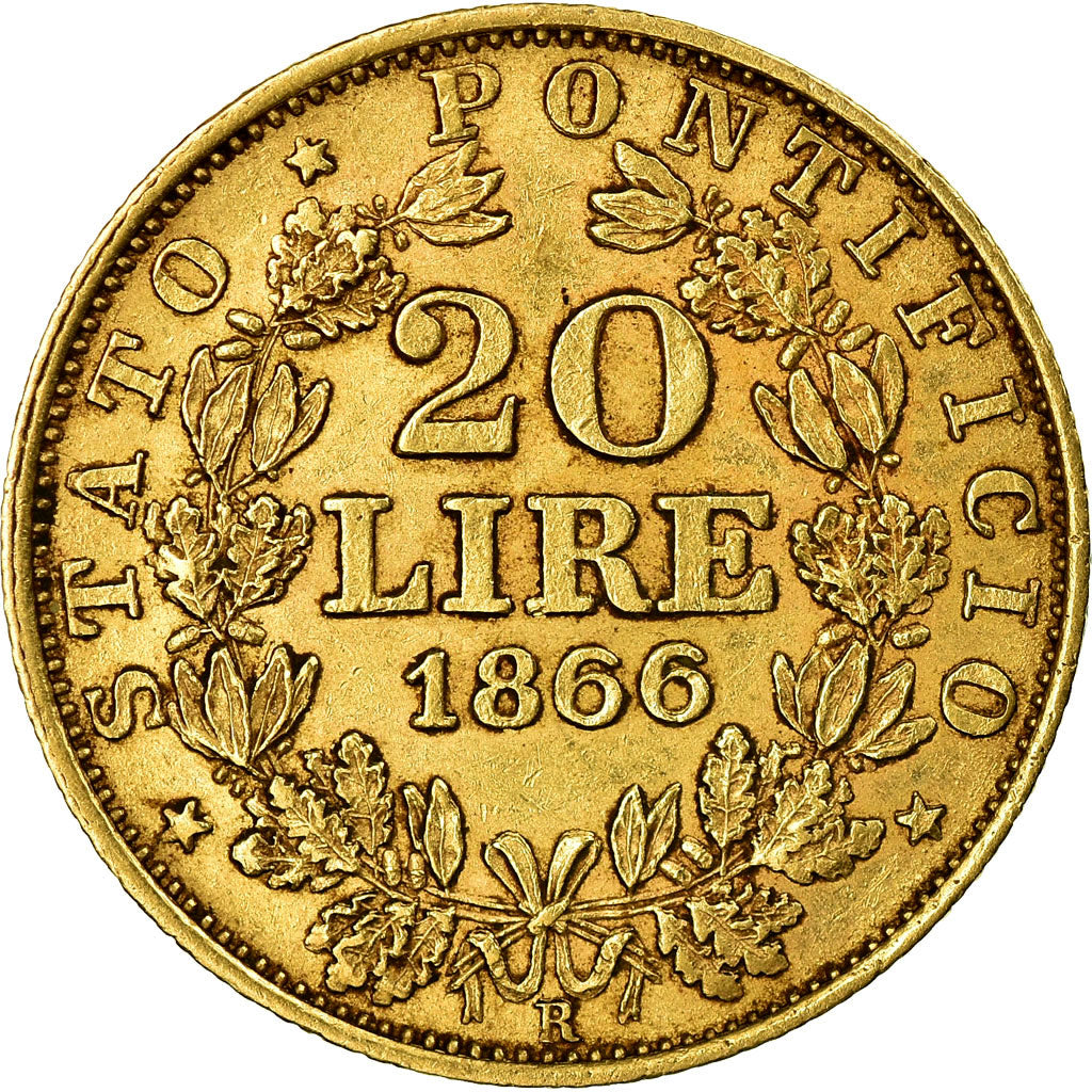 Moneta, DEPARTAMENTY WŁOSKIE, PAPAL STATES, Pius IX, 20 Lire, 1866, Rome