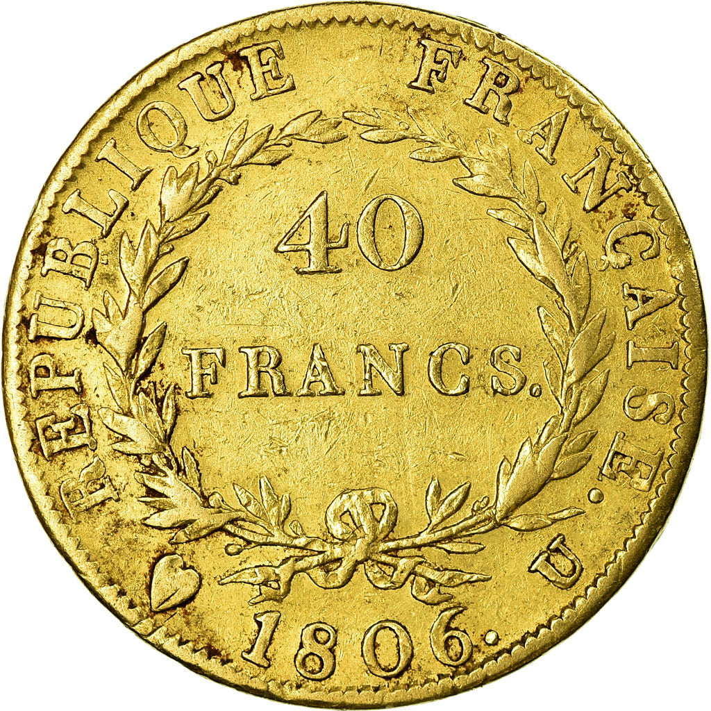 Moneda, Francia, Napoléon I, 40 Francs, 1806, Torino, BC+, Oro, KM:675.5