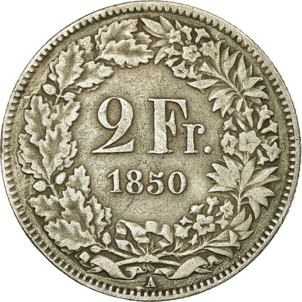 Moneda, Suiza, 2 Francs, 1850, Paris, BC+, Plata, KM:10