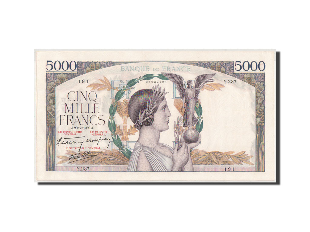 Billete, Francia, 5000 Francs, 5 000 F 1934-1944 ''Victoire'', 1939, 20.7.1939