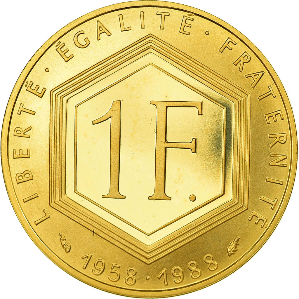 Coin, France, Charles de Gaulle, Franc, 1988, Paris, MS(63), Gold, KM:979