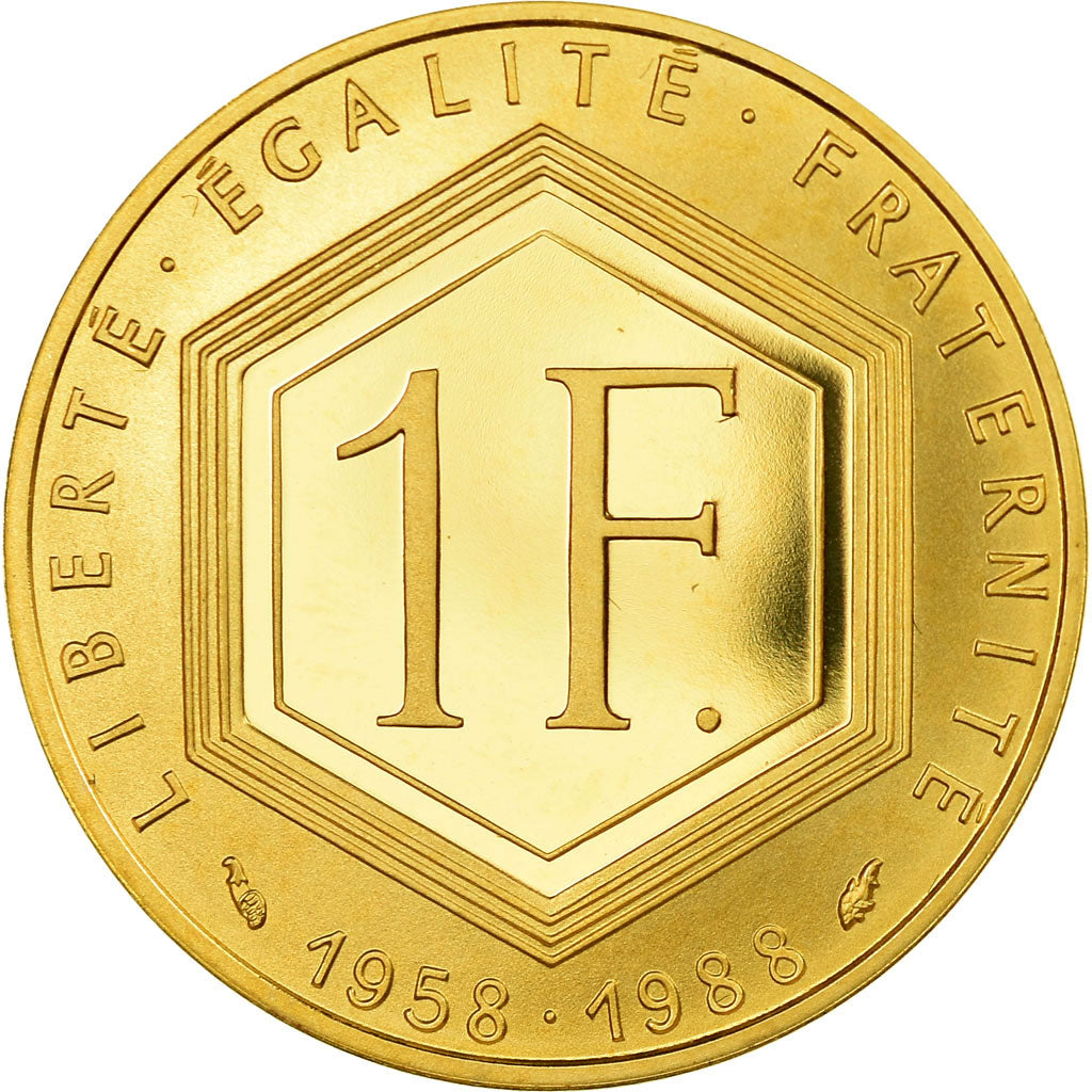 Coin, France, Charles de Gaulle, Franc, 1988, Paris, MS(63), Gold, KM:979