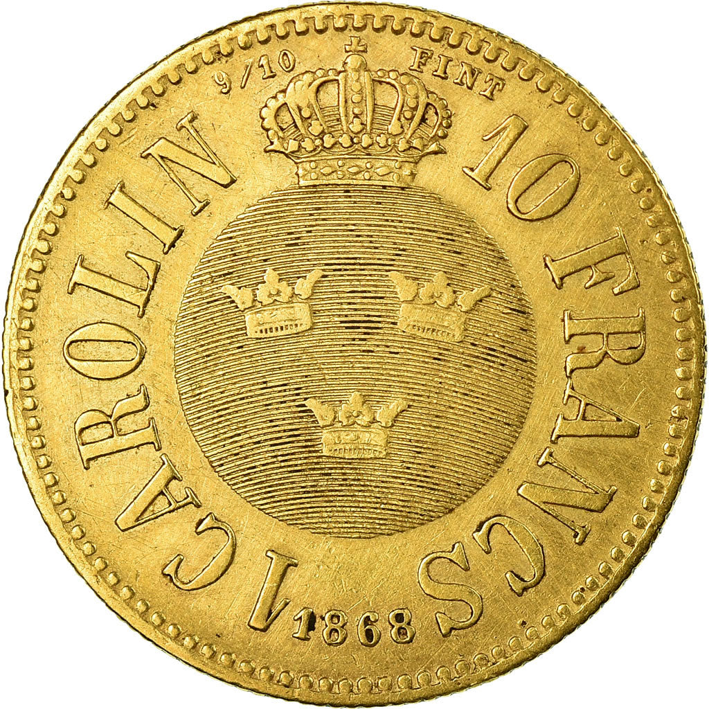 Coin, Sweden, Carl XV Adolf, Carolin, 10 Francs, 1868, EF(40-45), Gold, KM:716