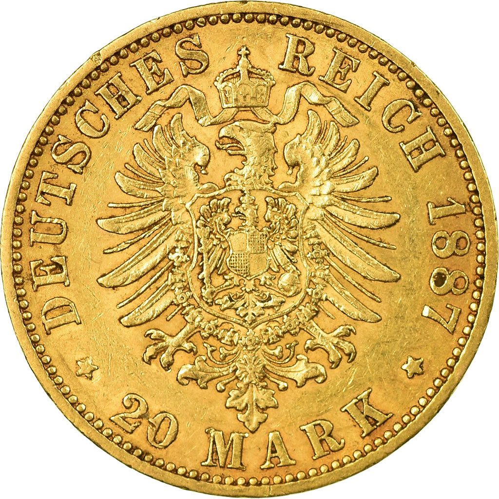 German States, PRUSSIA, Wilhelm I, 20 Mark, 1887, Berlin, EF(40-45), Gold