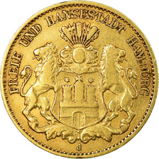 Moneta, Landy niemieckie, HAMBURG, 10 Mark, 1875, Hambourg, EF(40-45), Złoto