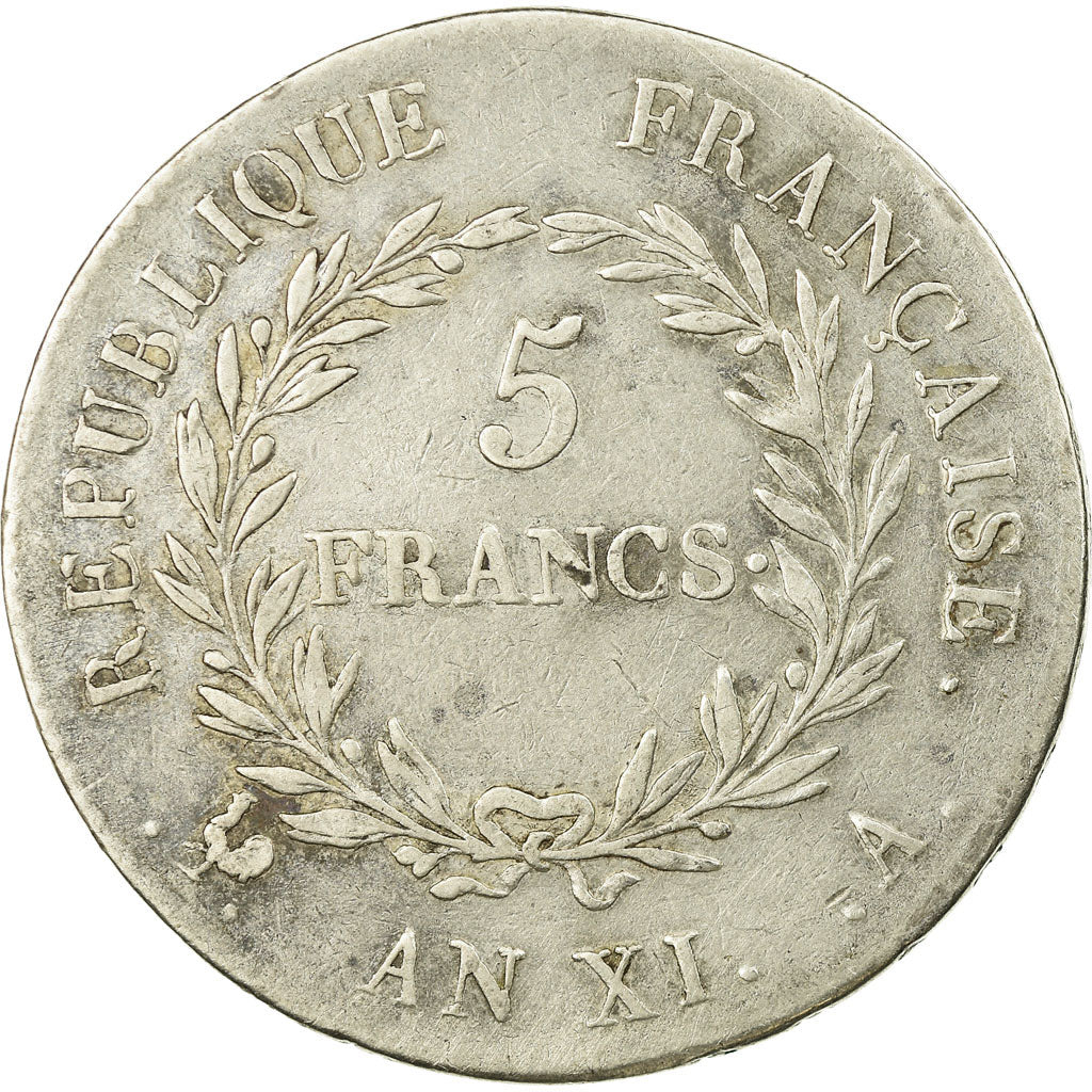 Moneda, Francia, 5 Francs, An XI, Paris, MBC, Plata, KM:650.1, Gadoury:577