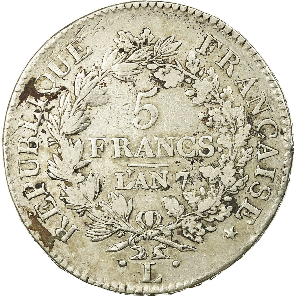 Coin, France, Union et Force, 5 Francs, AN 7, Bayonne, VF(30-35), Silver