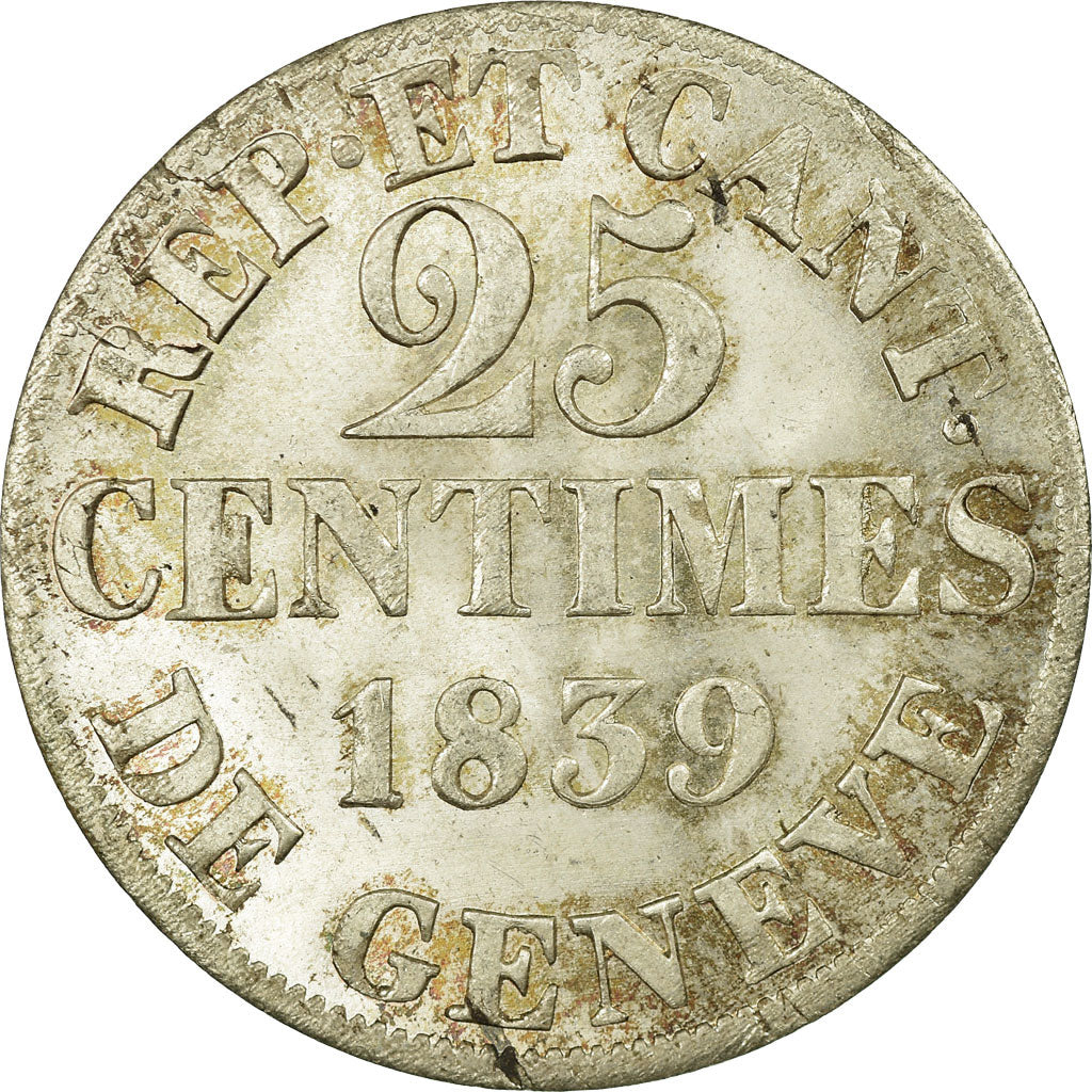 Coin, SWISS CANTONS, GENEVA, 25 Centimes, 1839, MS(63), Billon, KM:129