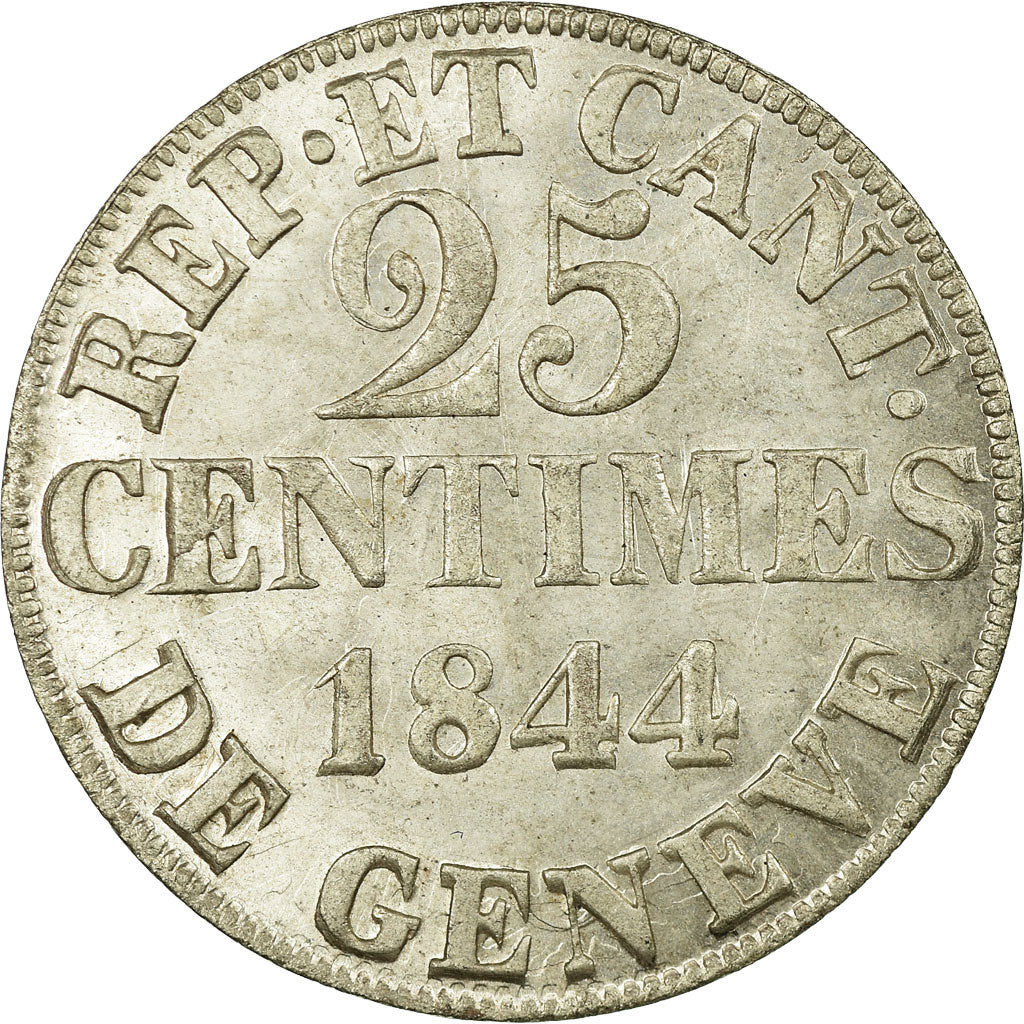 Coin, SWISS CANTONS, GENEVA, 25 Centimes, 1844, Genève, MS(63), Billon, KM:129