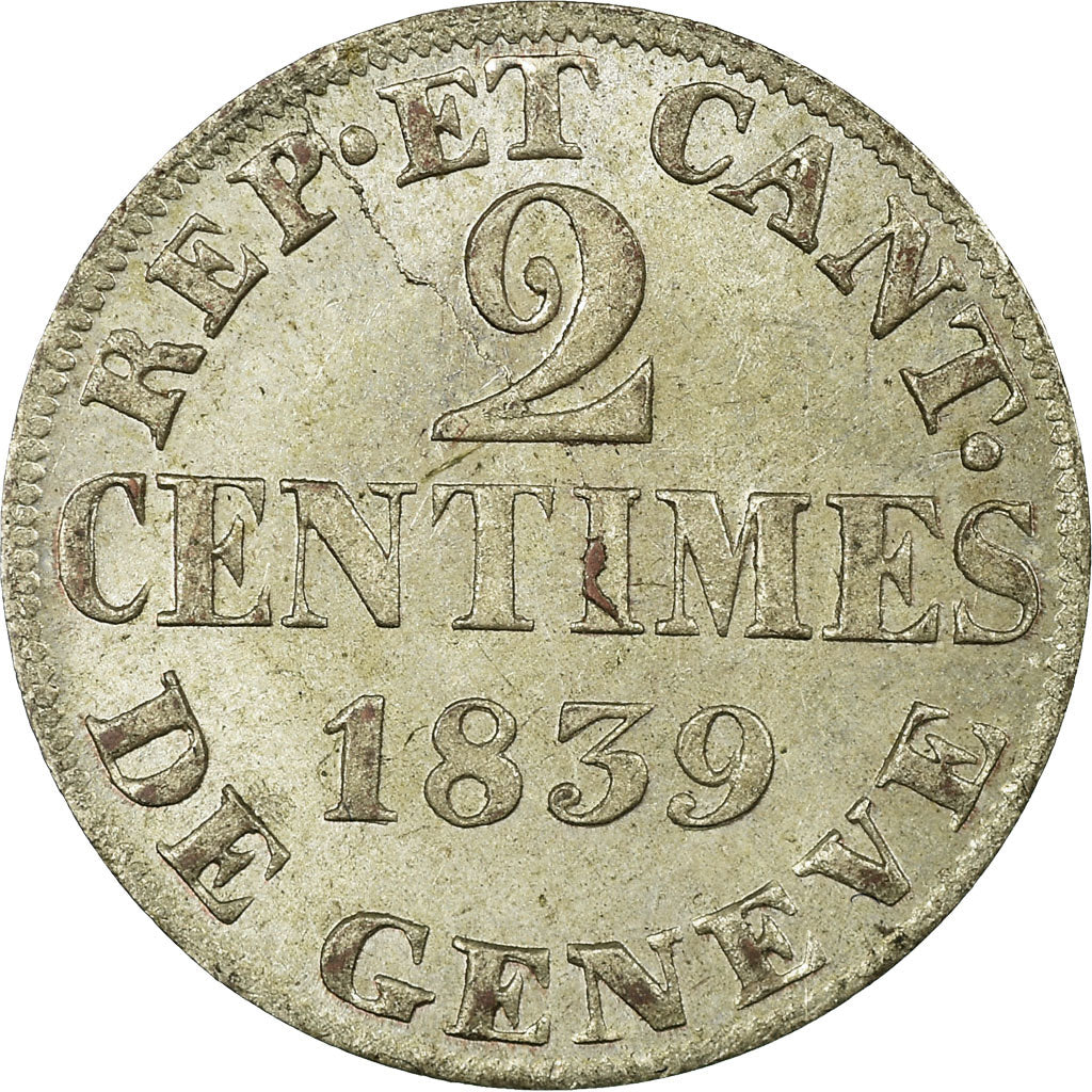 Münze, SWISS CANTONS, GENEVA, 2 Centimes, 1839, VZ+, Billon, KM:126
