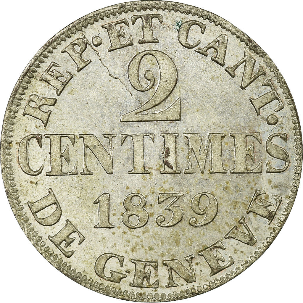 Coin, SWISS CANTONS, GENEVA, 2 Centimes, 1839, MS(60-62), Billon, KM:126