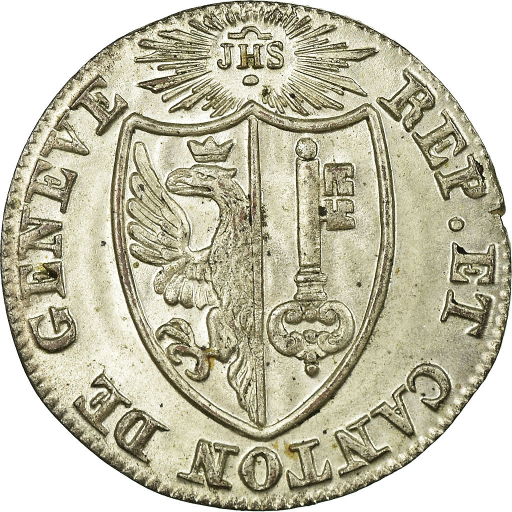 Coin, SWISS CANTONS, GENEVA, 1-1/2 Sol, 1825, MS(63), Billon, KM:121
