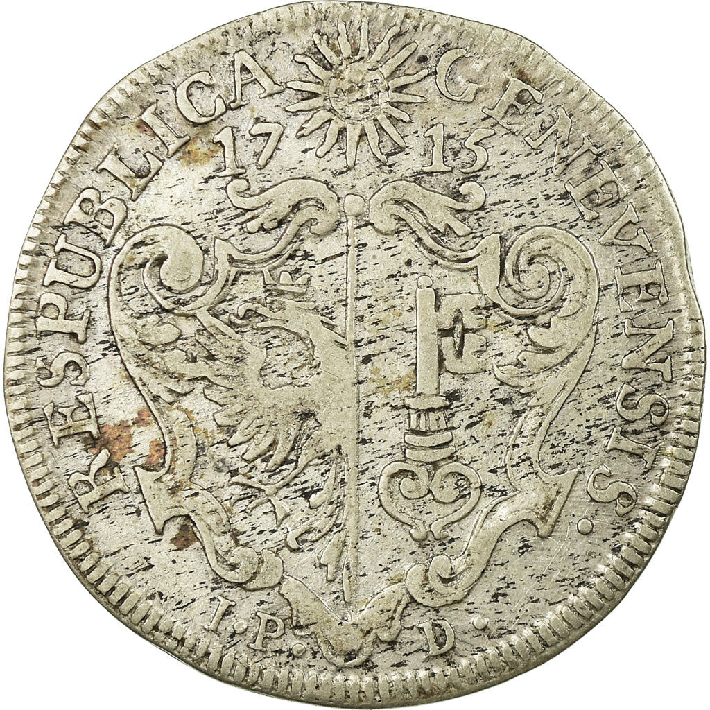 Coin, SWISS CANTONS, GENEVA, 10-1/2 Sols, 1715, EF(40-45), Silver, KM:61