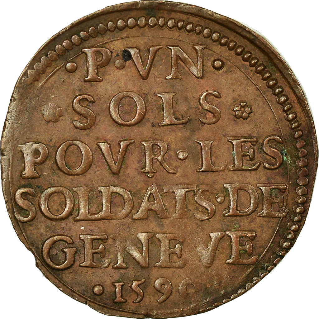 Münze, SWISS CANTONS, GENEVA, Pour les soldats, Sol, 1590, SS, Kupfer