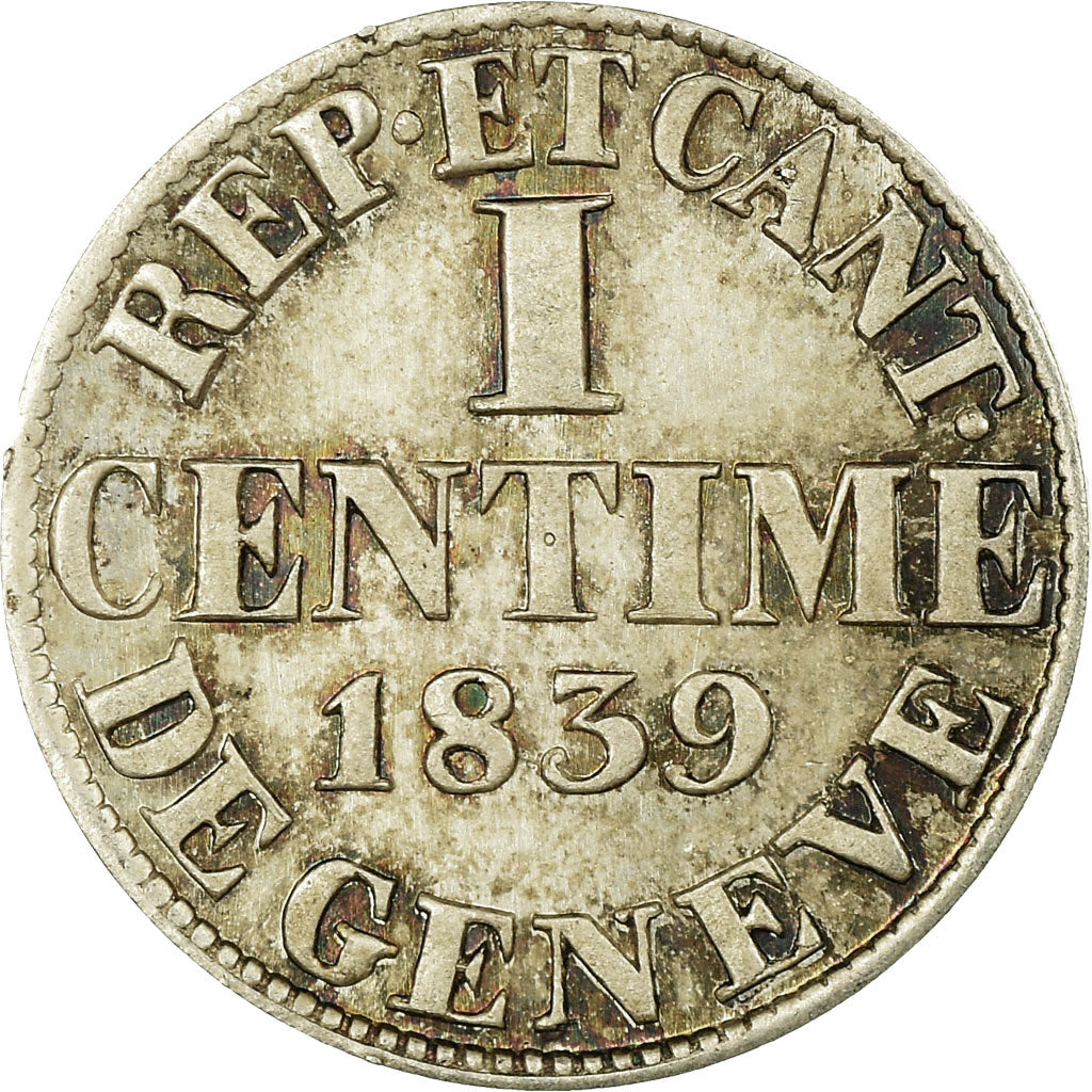 Coin, SWISS CANTONS, GENEVA, Centime, 1839, Prooflike, MS(63), Silver, KM:125a