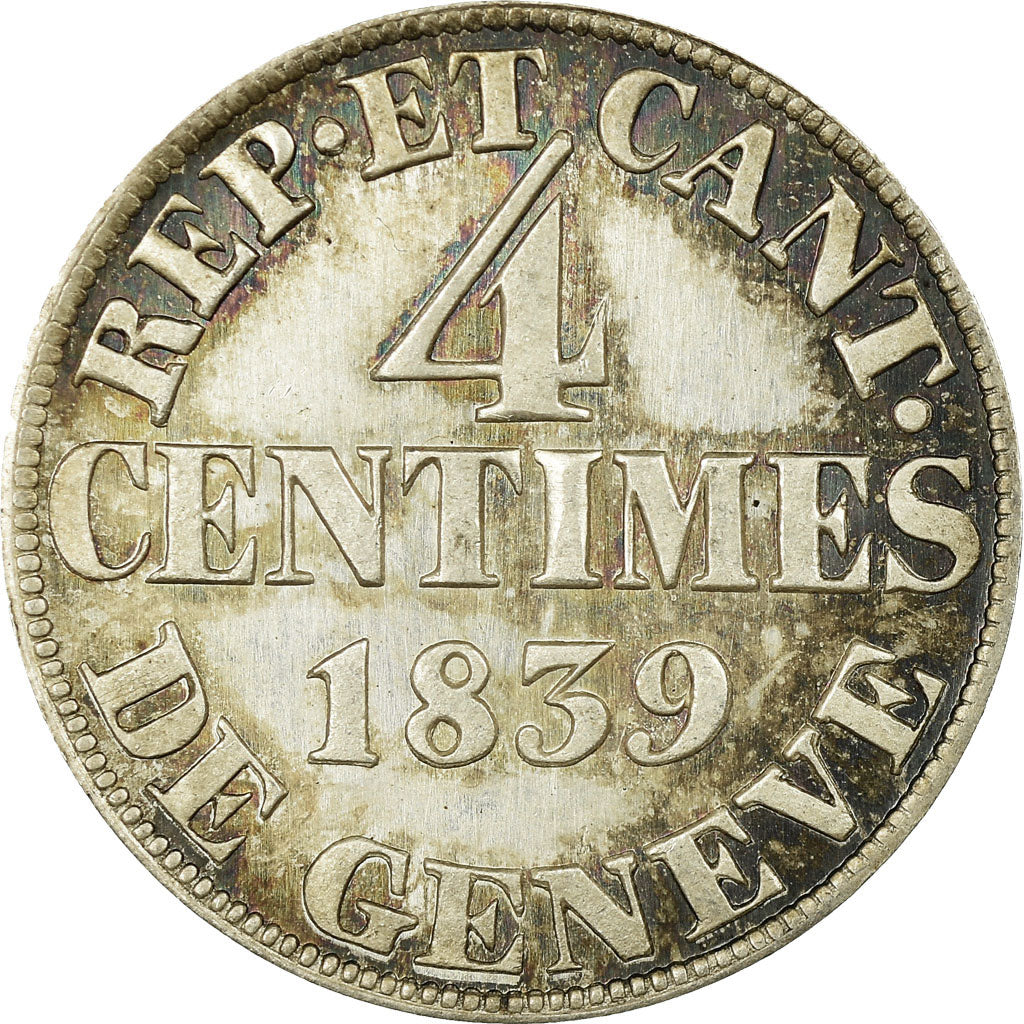 Coin, SWISS CANTONS, GENEVA, 4 Centimes, 1839, Prooflike, MS(63), Silver
