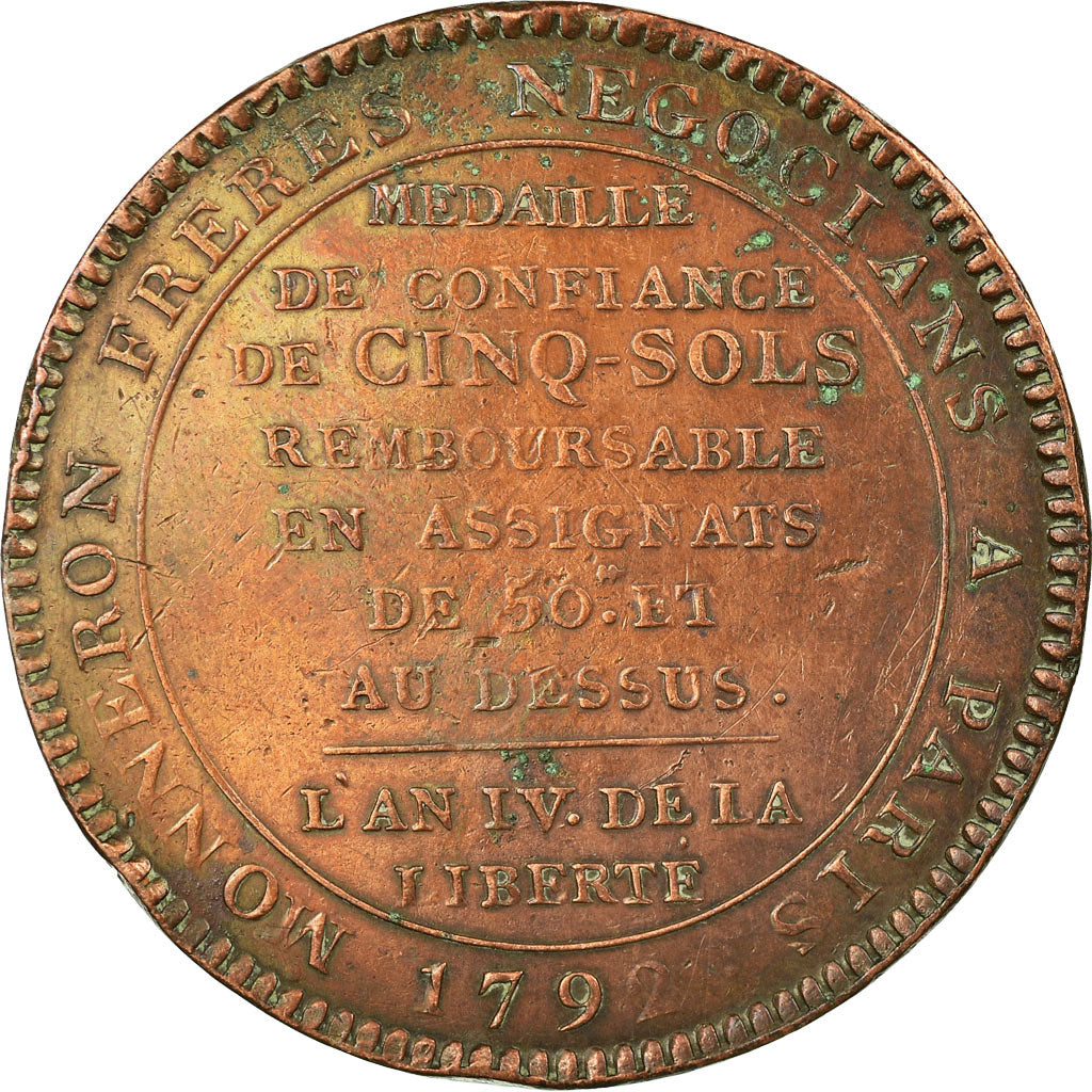 Coin, France, Monneron, 5 Sols, 1792, Birmingham, EF(40-45), Bronze, KM:Tn31
