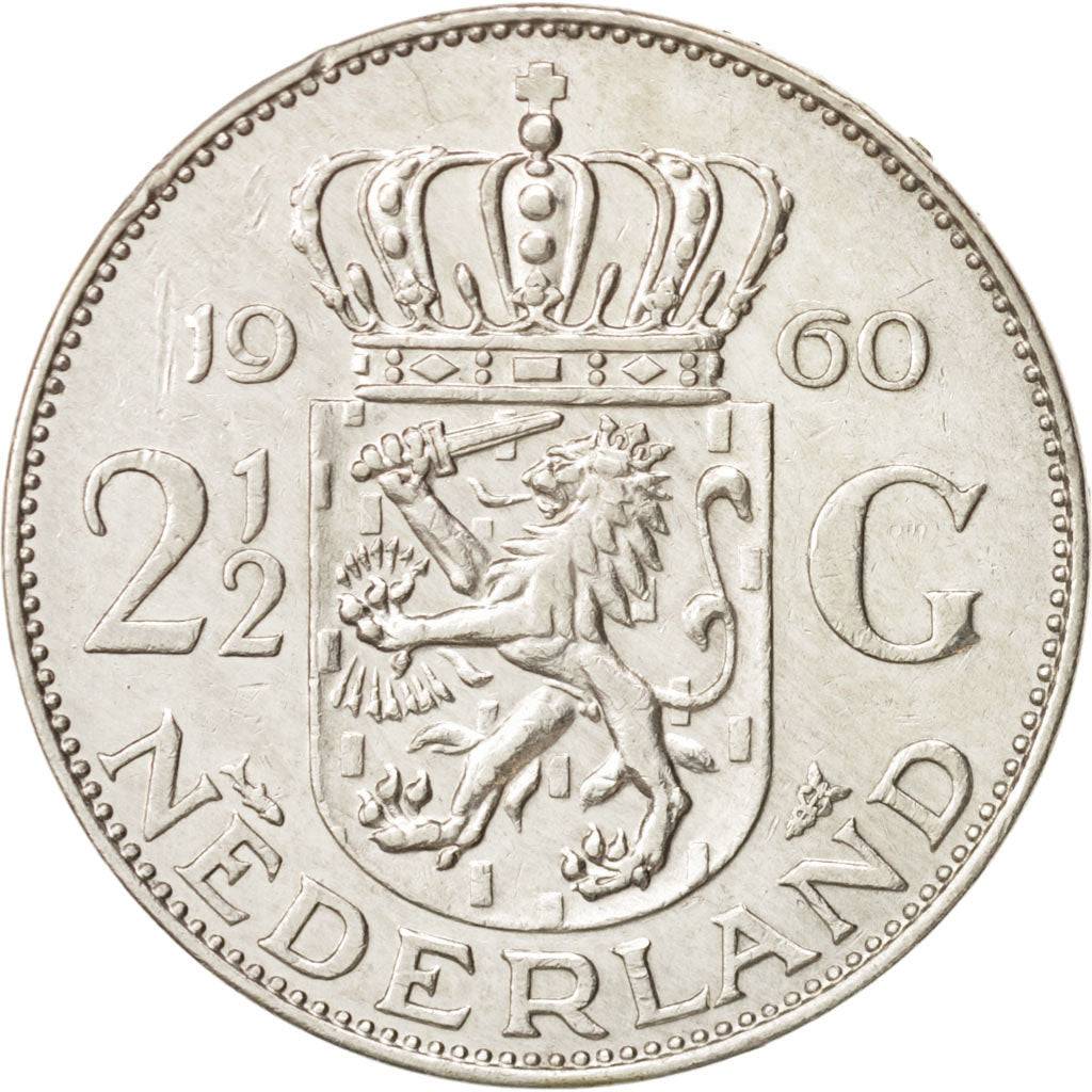 Netherlands, Juliana, 2-1/2 Gulden, 1960, AU, Silver, KM:185