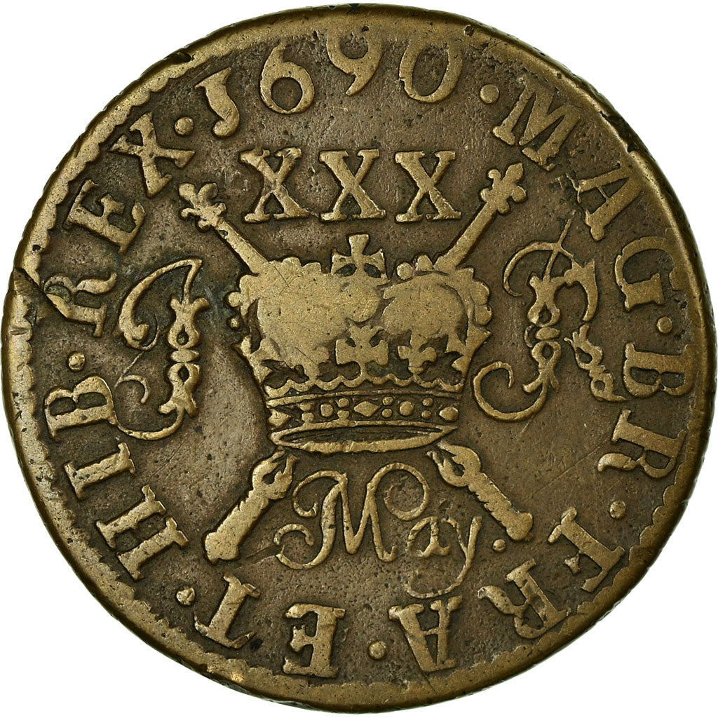 Coin, Ireland, James II, 1/2 Crown, 1690, VF(20-25), Brass, KM:95