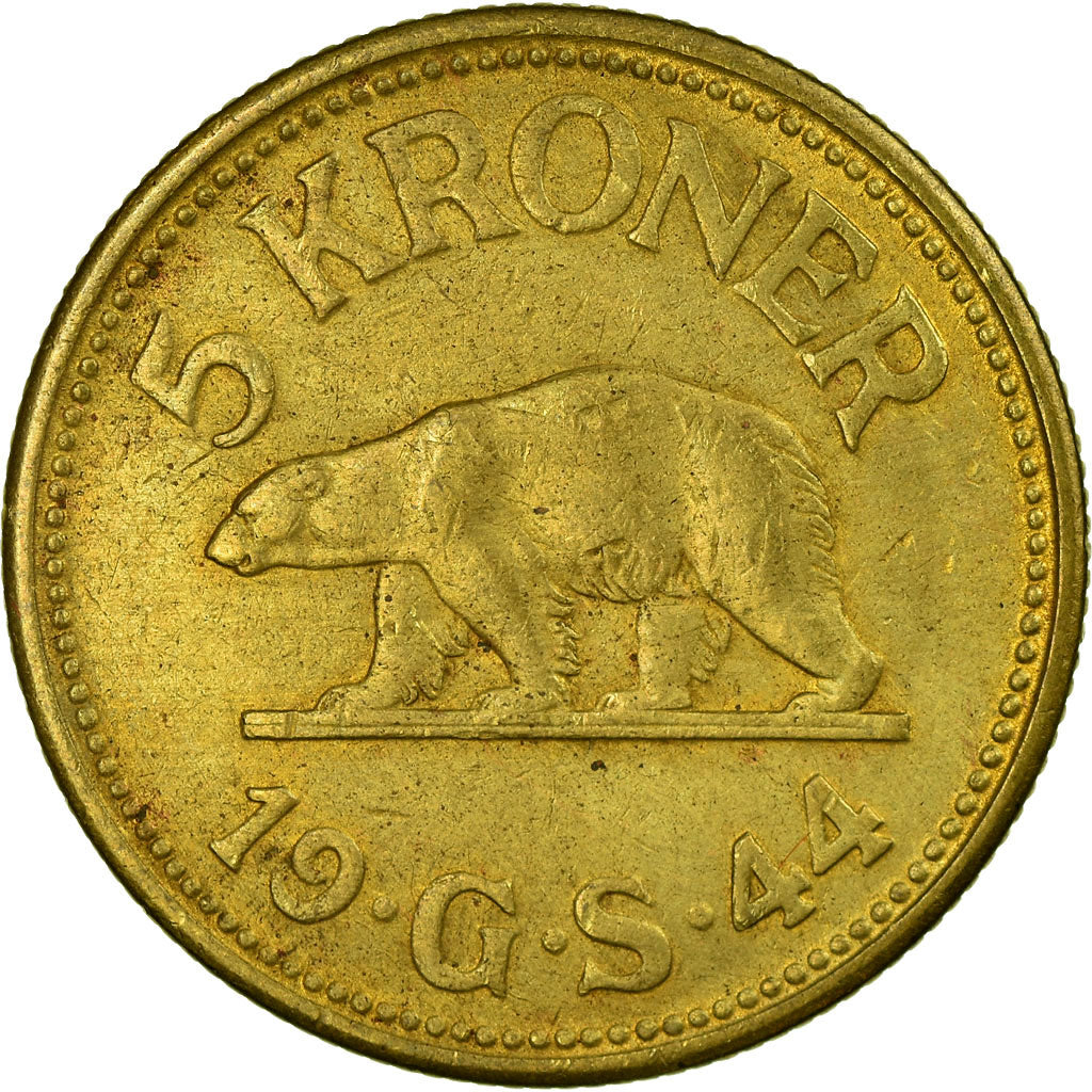 Coin, Greenland, 5 Kroner, 1944, AU(50-53), Brass, KM:9