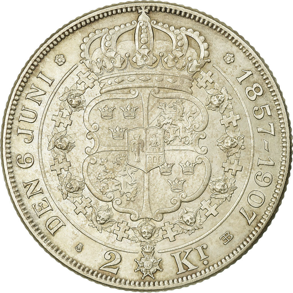Münze, Schweden, Oscar II, 2 Kronor, 1907, SS, Silber, KM:776