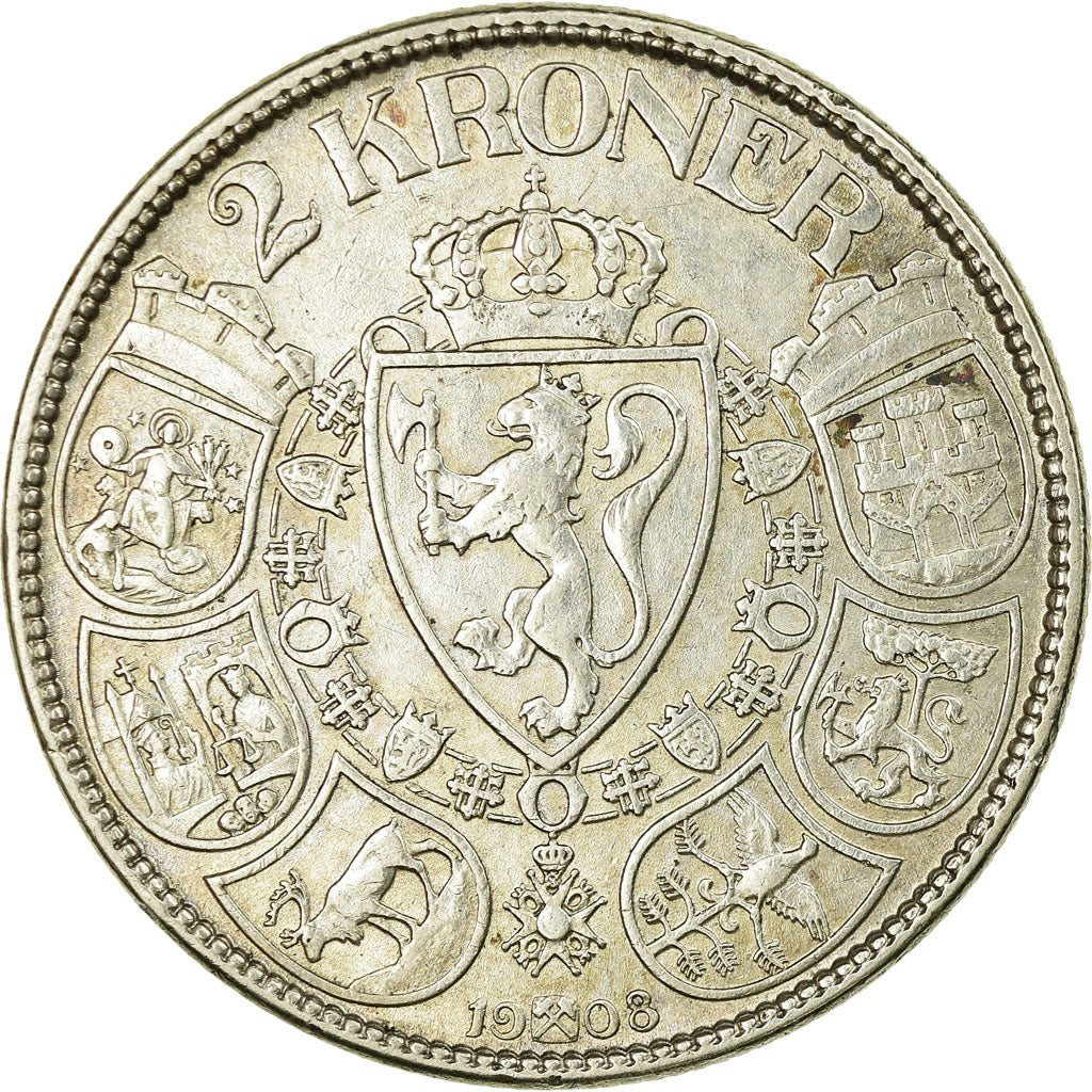 Coin, Norway, Haakon VII, 2 Kroner, 1908, AU(55-58), Silver, KM:370