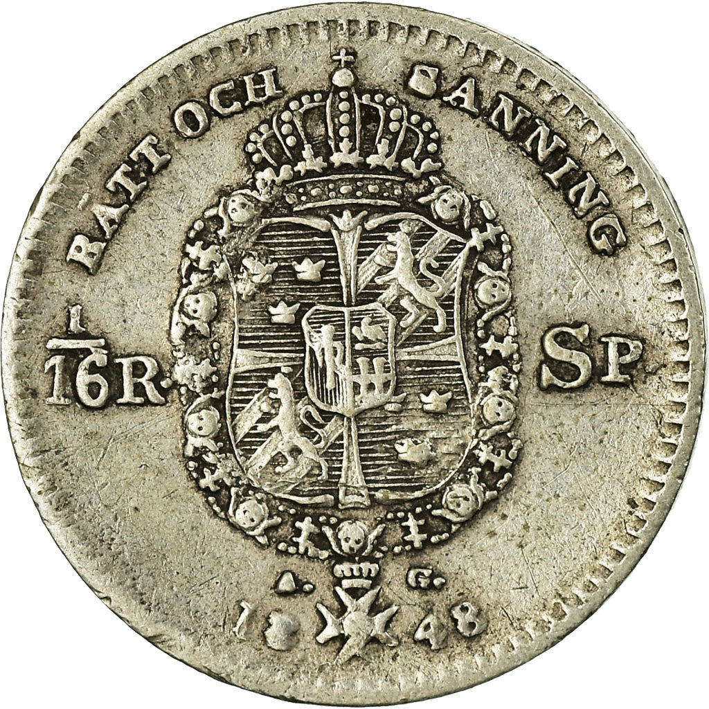 Coin, Sweden, Oscar I, 1/16 Riksdaler, 1848, VF(30-35), Silver, KM:665